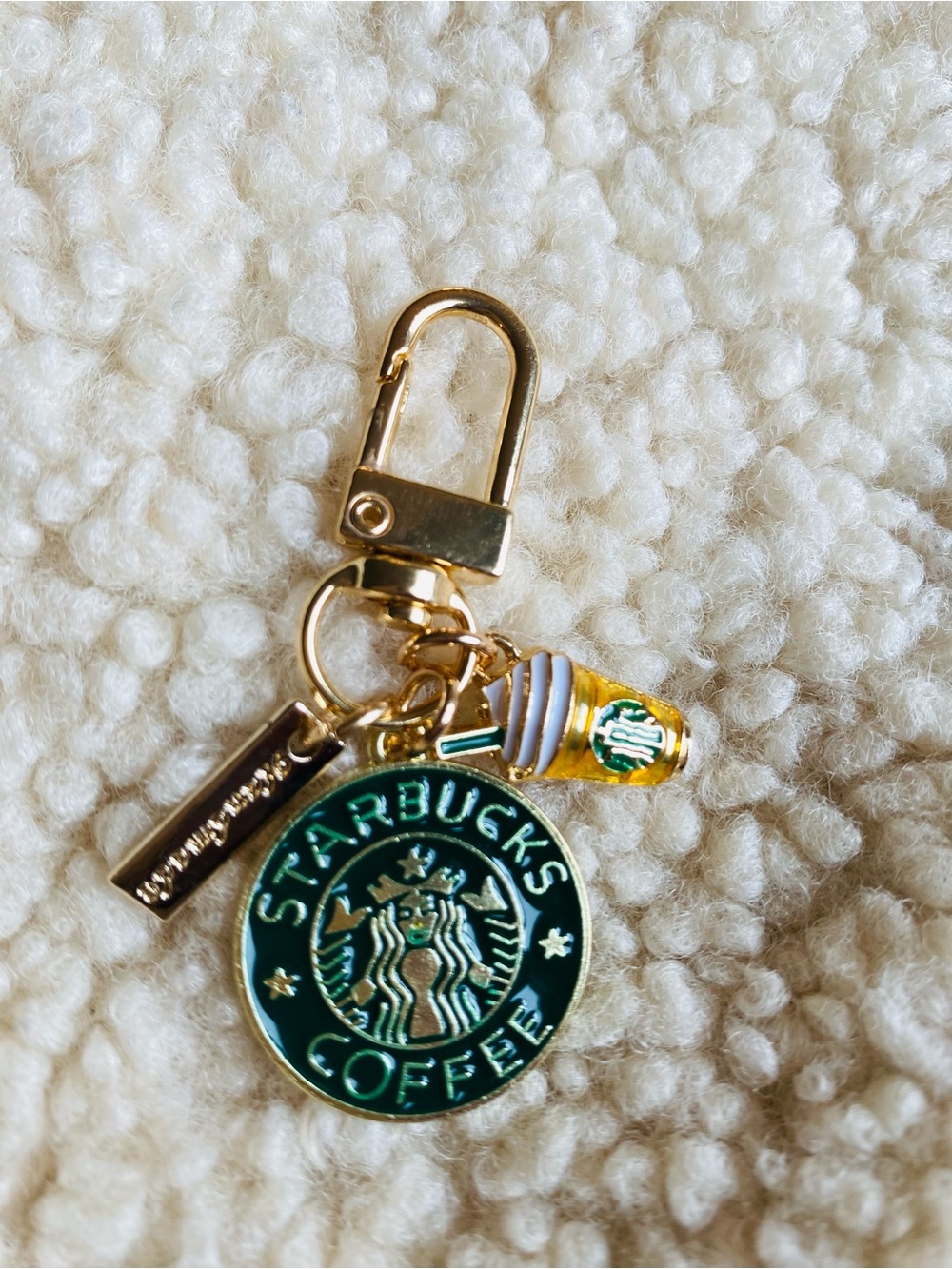 Starbucks Green & Gold Enamel Logo Keychain with Mini Frappuccino Charm